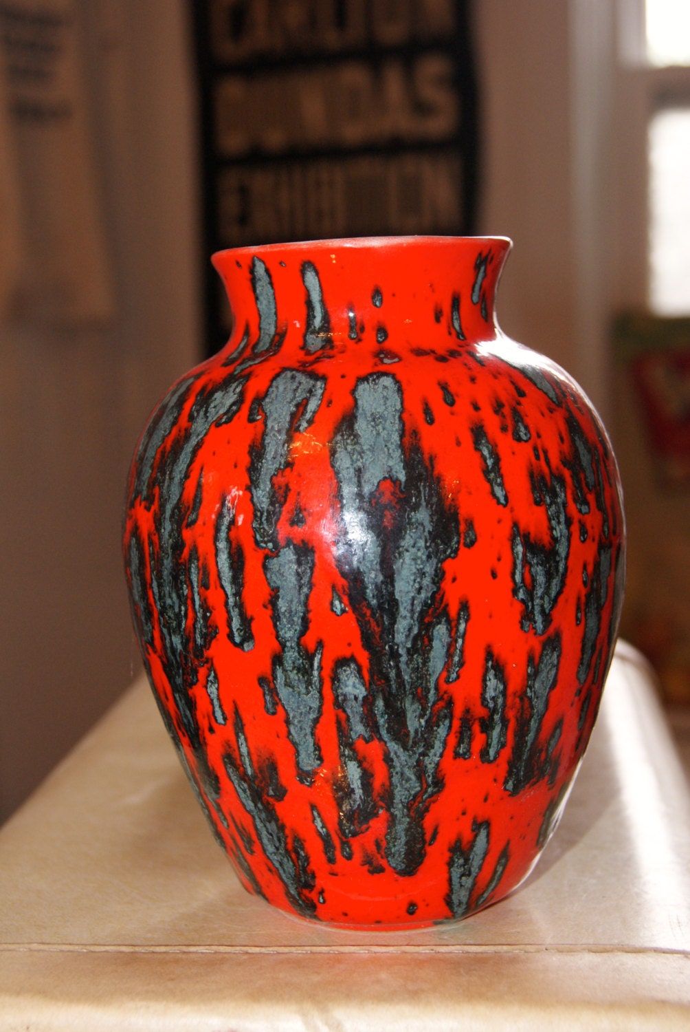 made by a woman named Cathy 1980s glazed red green and black vase - PEACOCKPIES made by a woman named Cathy 1980s glazed red green and black vase - PEACOCKPIES