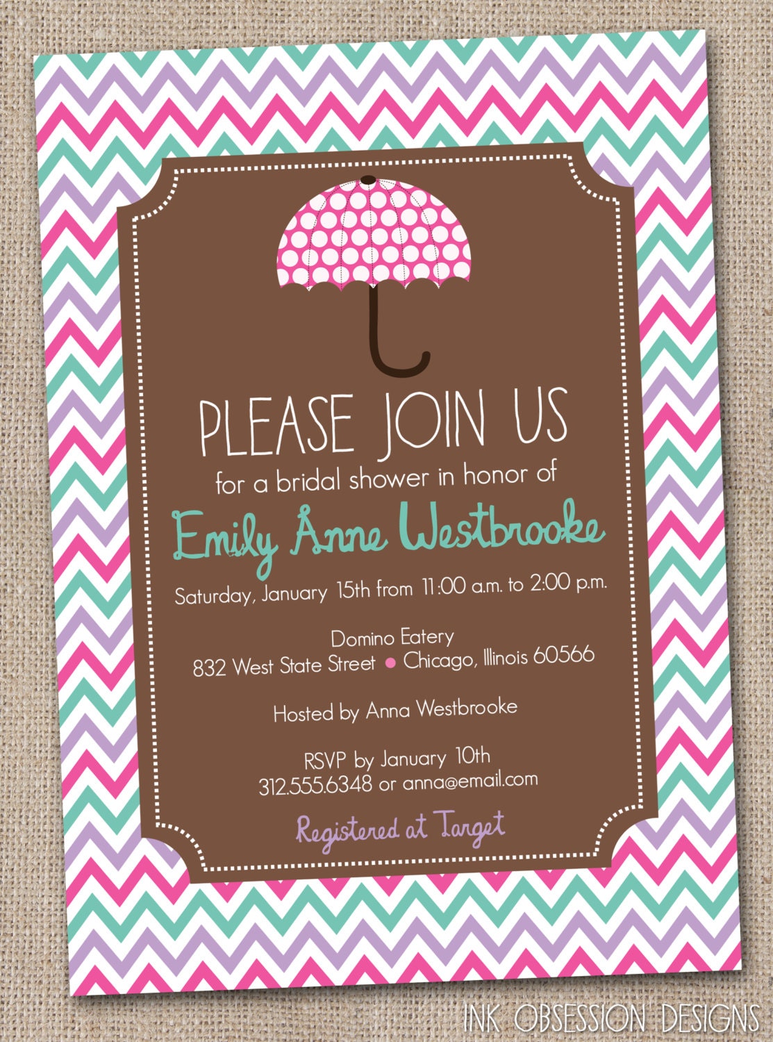 Printable Bridal Shower Invitation Pink Purple & Blue Chevron Stripes and Umbrella Il_170x135