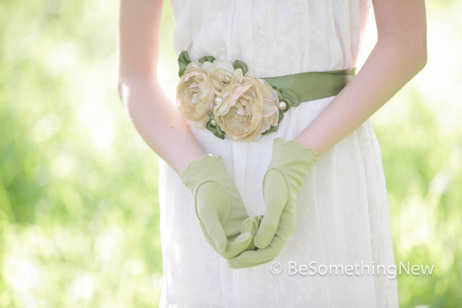 Forest Green Bridal Dress Sash With Champagne Roses And Pearls