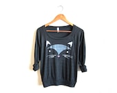 Geo Cat HAND STENCILED Slouchy Eco Heather Deep Scoop Neck Lightweight Sweatshirt in Heather Black - S M L XL - twostringjane