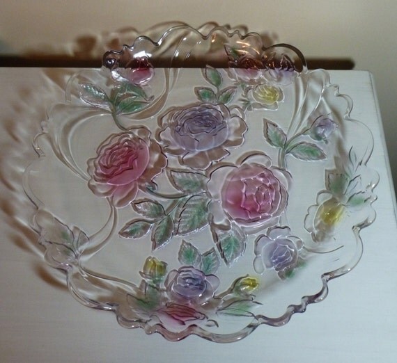 Vintage Large Crystal Glass Plate with Colored and by patchoulired