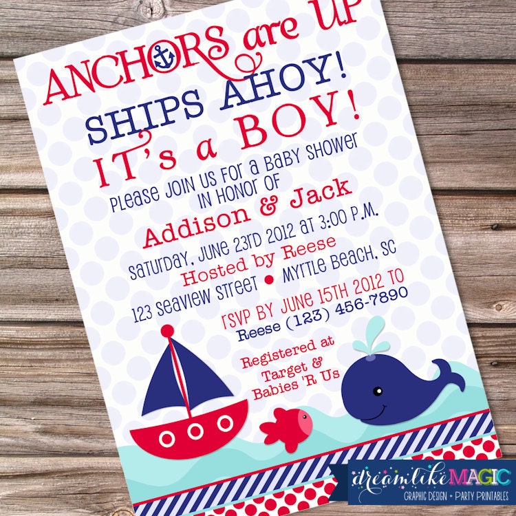Printable Baby Shower Invite Nautical Boy Navy Blue Red Sail Boat Whale Invitation Printable Il_570xn