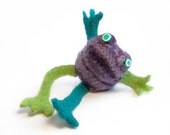 Hand knit frog doll in purple, lime green and turquoise // felted frog doll // happy frog doll
