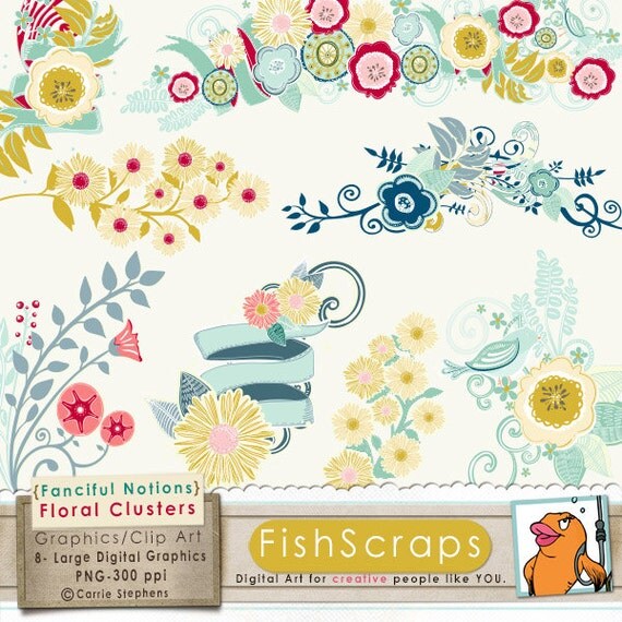 Floral Clip Art Clusters - Fanciful Notions - Flower Images - Digital Graphics - Design Elements - Instant Download - Commercial Il_570xn