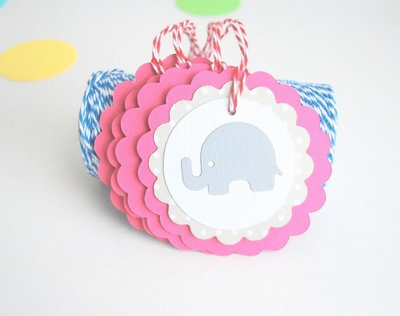 Baby Shower Tags, 12 Baby Elephant Tags, Baby Shower Hot pink and Grey polka dot Cardstock tags 3.0 INCHES A671 Il_570xn