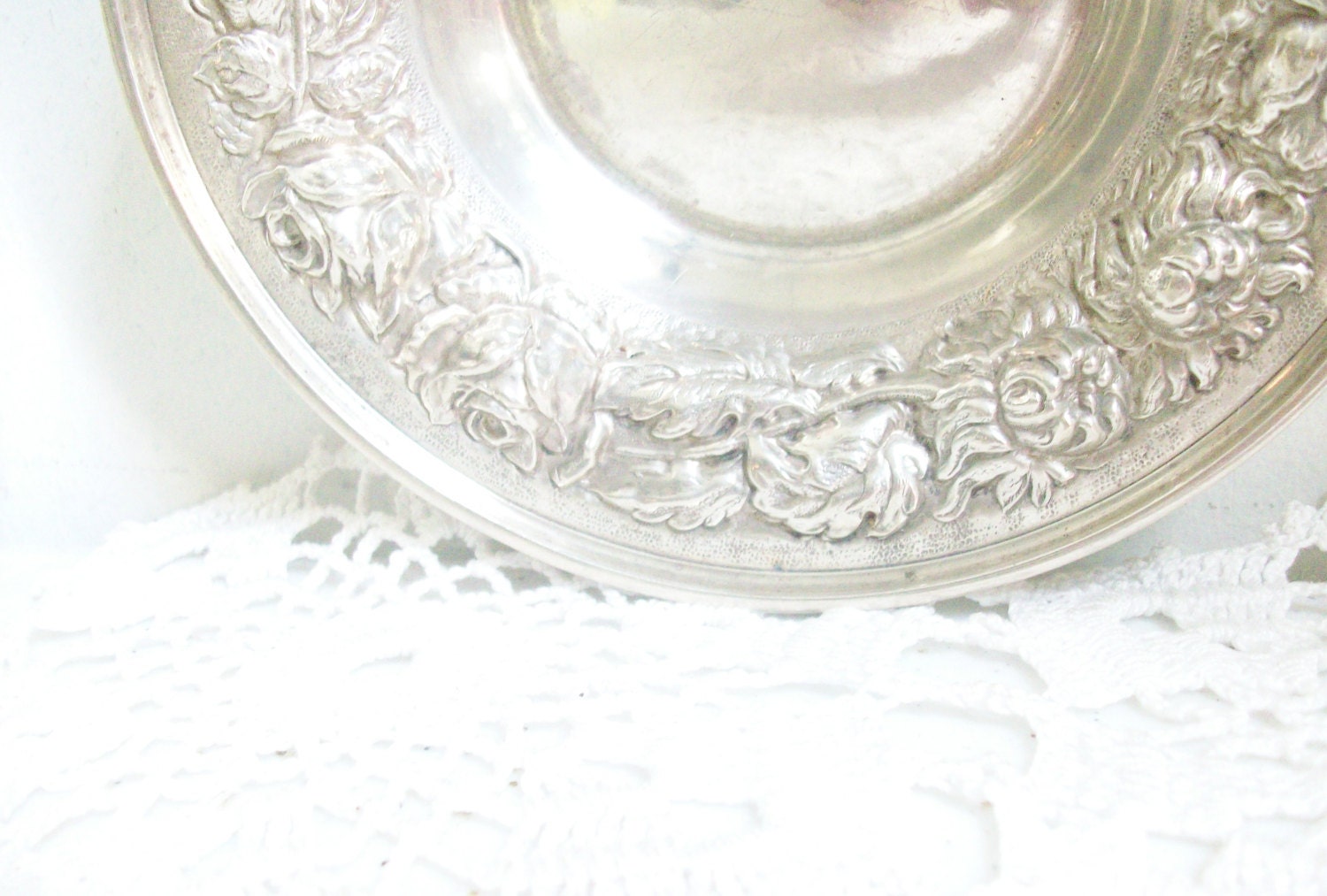 Antique Stieff Sterling Repousse Rose Silver Bon Bon Dish 925 // - AJewelsQuest