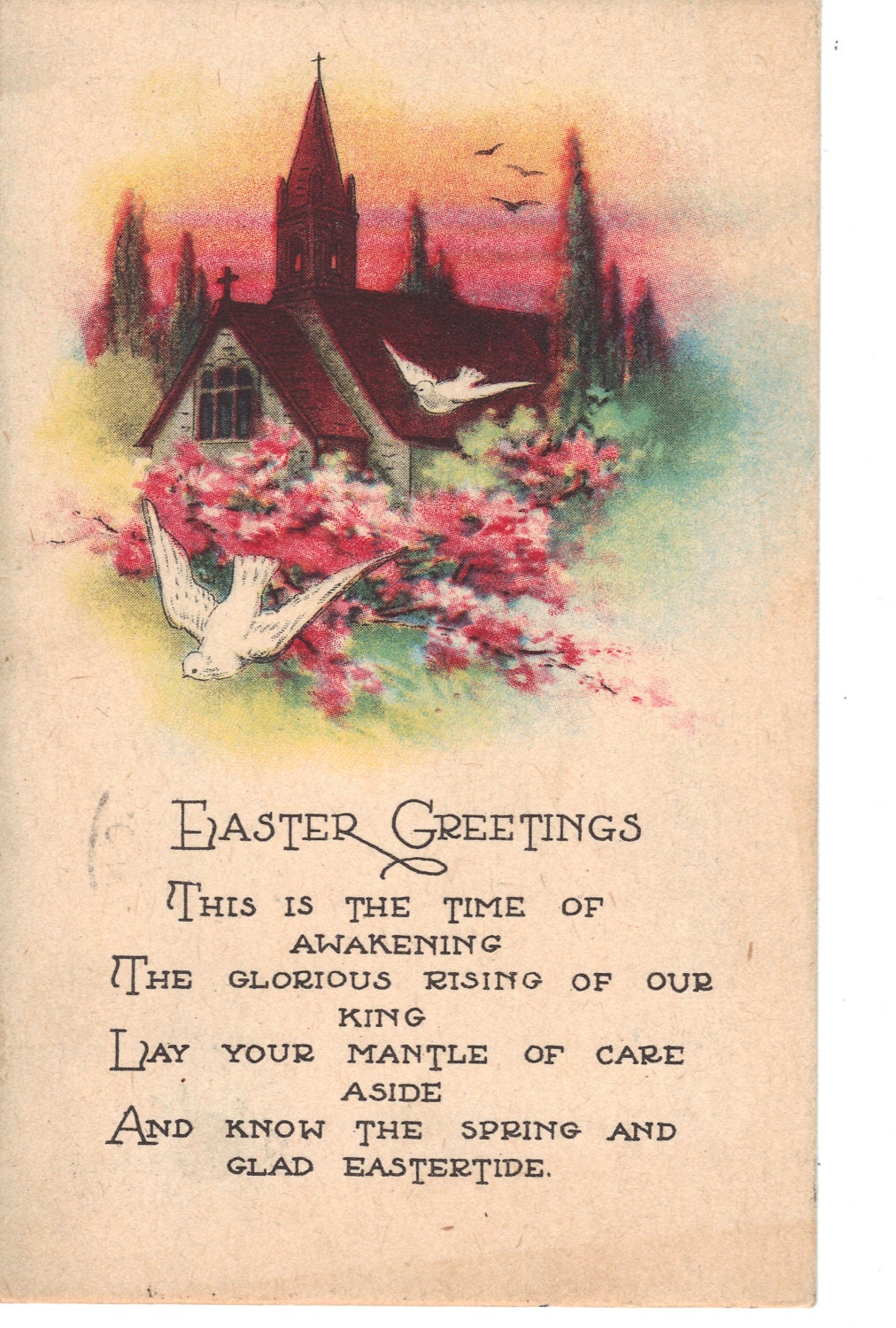 Easter Greetings Antique Postcard Church with by heritagepostcards