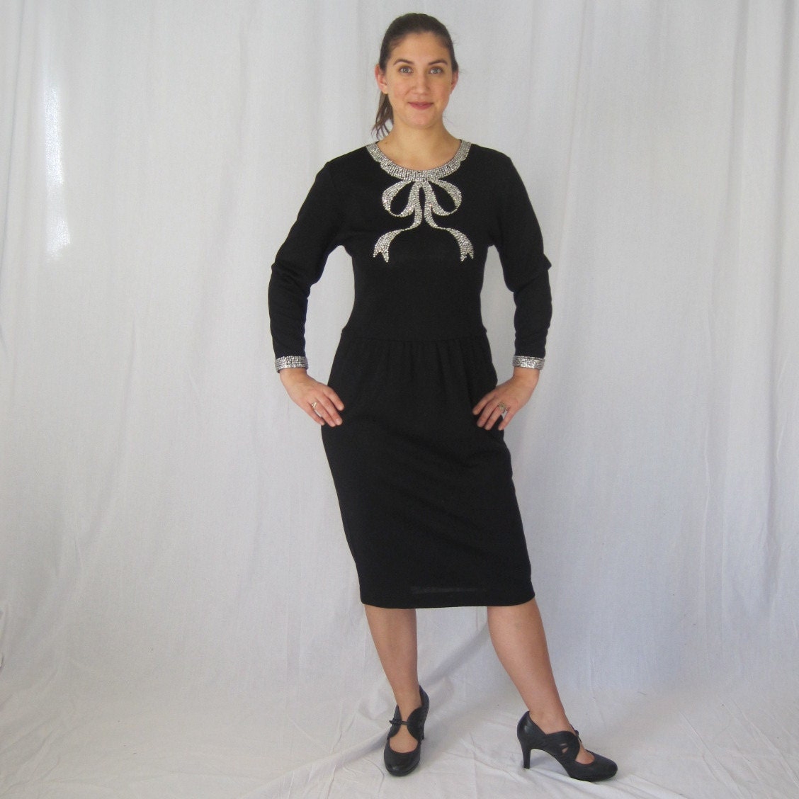Vintage Beaded Bow Dress in Black