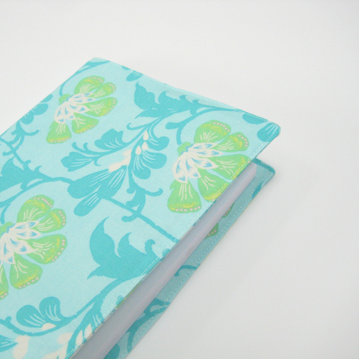 Notebook journal with fabric cover, A5 2014 diary, aqua turquoise mint green, floral covered 2014 planner, handmade gifts on Etsy