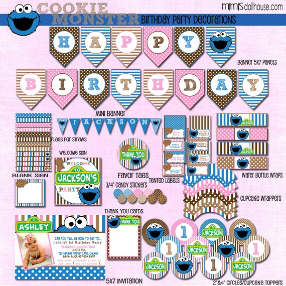 Cookie Monster Decorations- Printable Sesame Street Party Birthday Party Decorations- Pink Cookie Monster PDF/JPEG Il_570xn