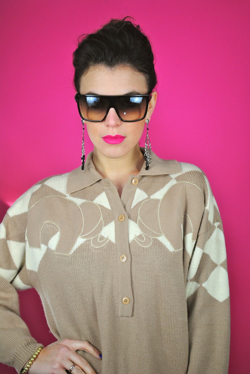 Vintage 1990s Sweater / Elephant Sweater / Elephant / Diamond Print