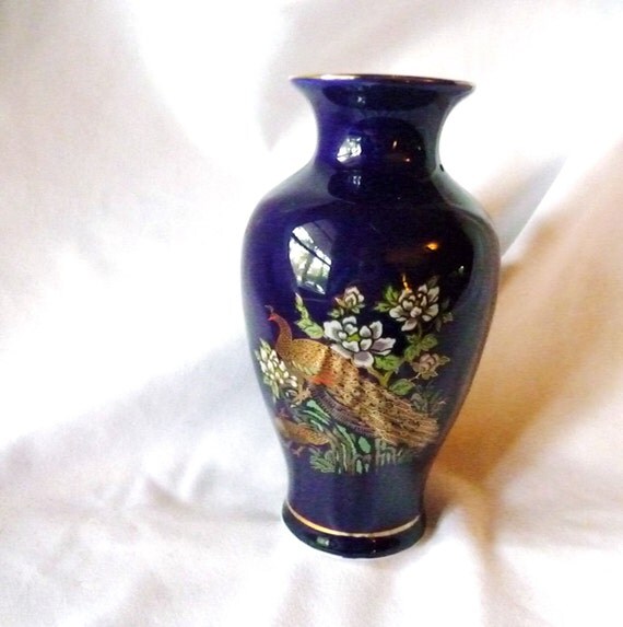 Vintage Asian Cobalt Vase with Peacock Pair by TheRiCharmedLife