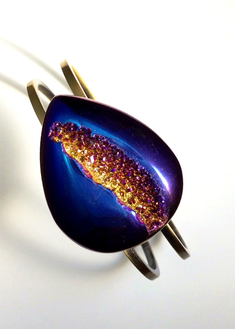 Titanium Druzy Agate Cuff Bracelet, Blue Crystal Cuff