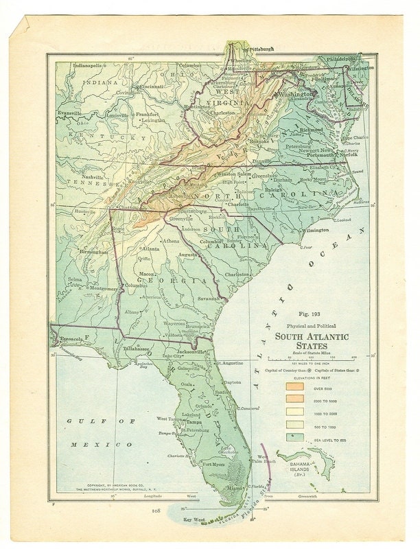 Vintage Regional Map Of South Atlantic States By Amykristineprints