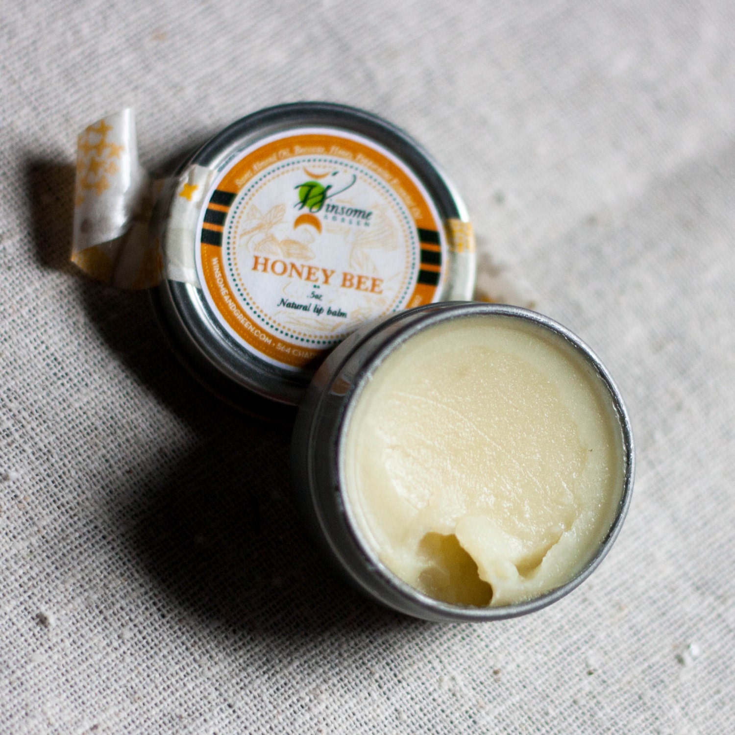 Natural Lip Balm Tin - Honey and Cooling Peppermint - Honey Bee / geometric eco friendly orange yellow - WinsomeGreen