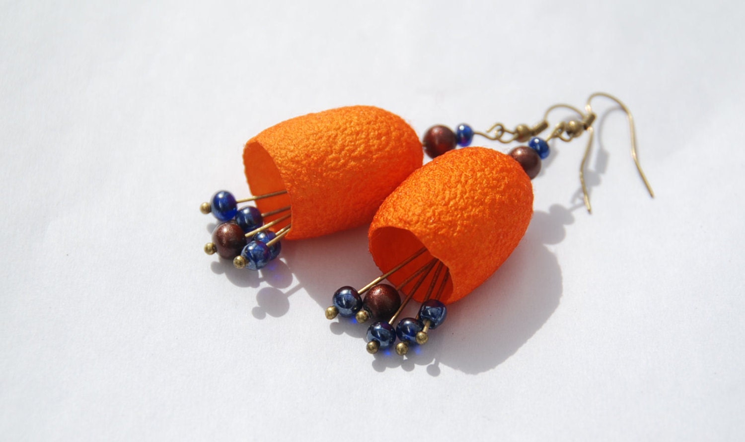 Earrings- silk cocoon hand dyed  spring  blue brown orange - AnnaWegg