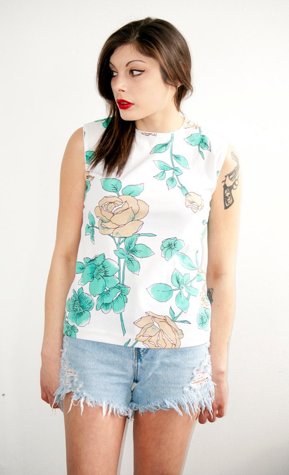 Vintage Pastel Floral Print Tank - 70's Turquoise & Peach Patterned Top