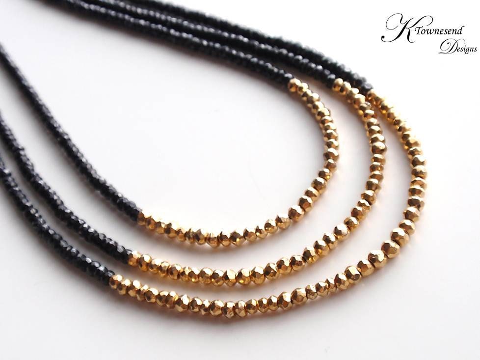 Spinel and Gold Pyrite Necklace, Mutlistrand, Spinel Necklace, Black and Gold, Gold Necklace, Black Necklace, Statement Necklace - KTownesend