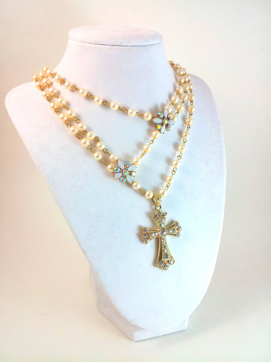 Items similar to Cross Necklace Pearl Gold Cross Pendant Rosary