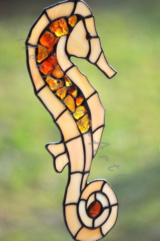 Seahorse tiffany glass stained glass suncatcher by AmberGlassArt