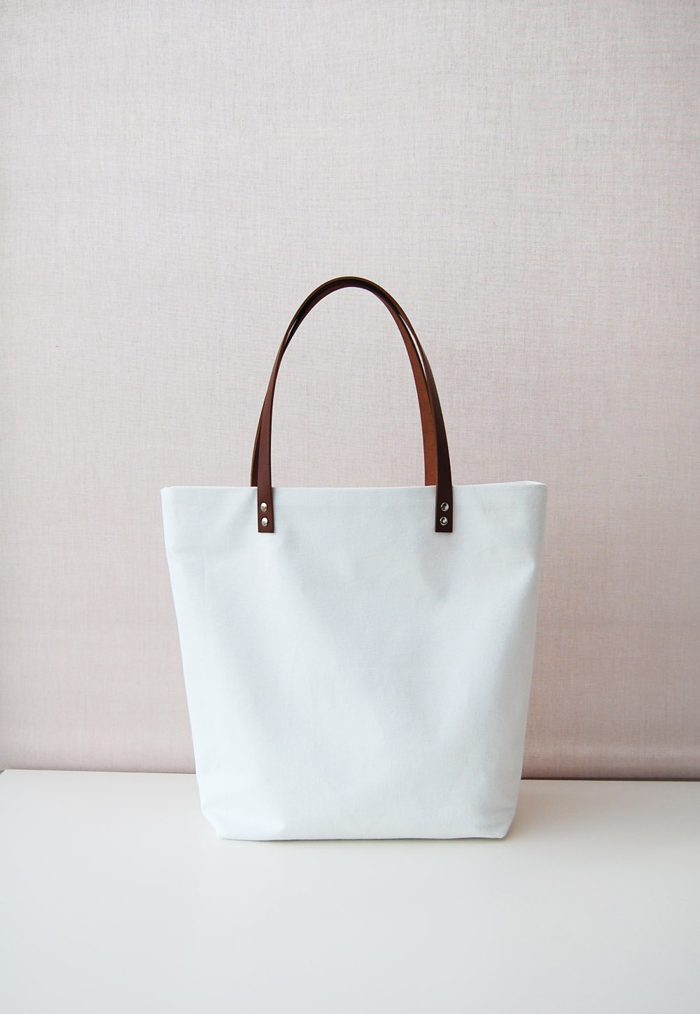 White Canvas tote bag with leather handles by ForestBags on Etsy
