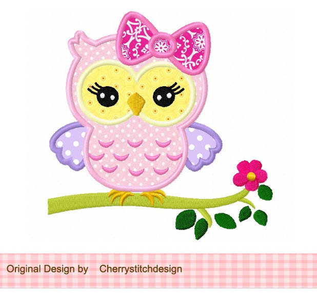 Cute girly owl on a limb Digital Applique by CherryStitchDesign