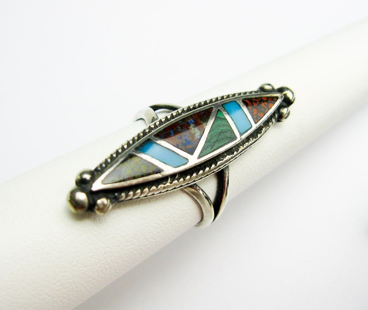 1950s Huge Zuni Native American Ring, Sterling Silver Inlaid w ...