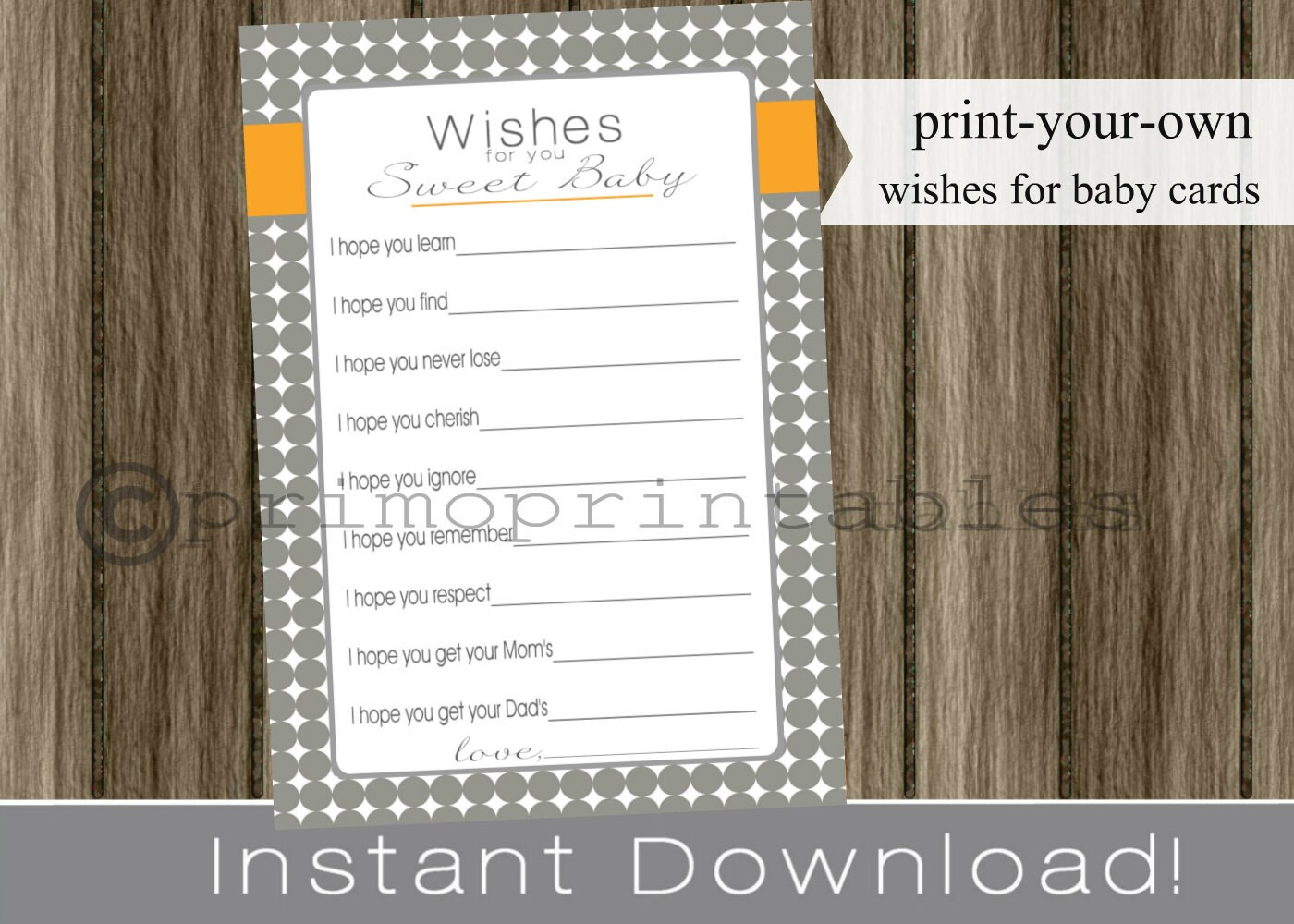 Baby Shower Wishes for Baby cards boy modern gray dot and orange INSTANT DOWNLOAD printable file print your own Il_570xn