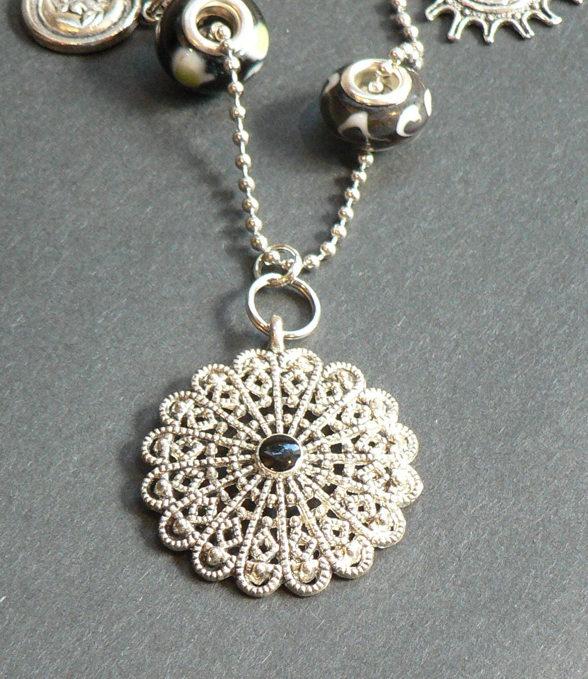 Filigree Motif Pendant on Ball Chain Necklace
