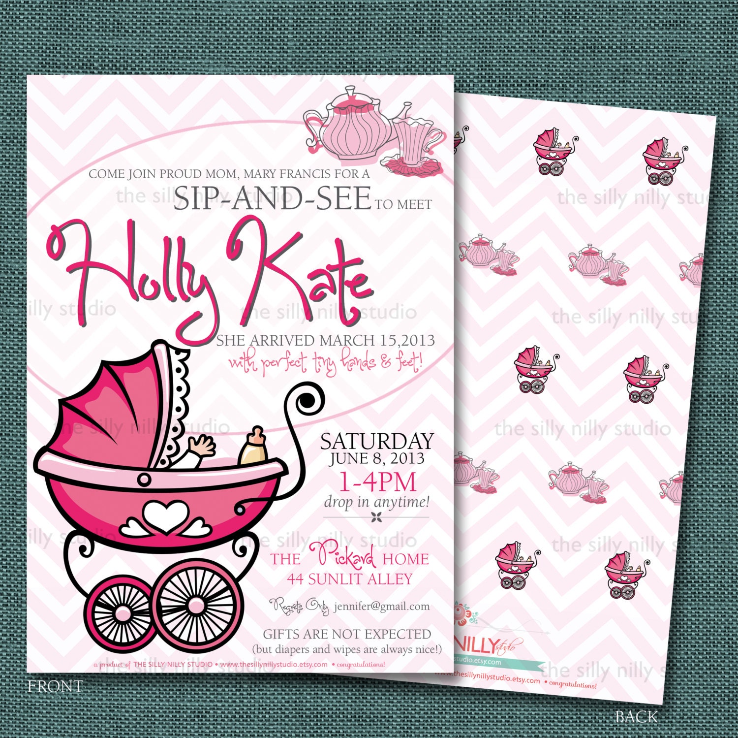Items Similar To Print It Yourself Sip And See Baby Shower Pink Chevron Baby Carriage 5x7 Sip And See Invitation Templates