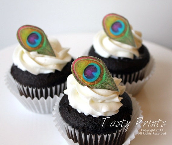24 EDIBLE Peacock Feathers - Petite Size - Purple Teal - Cupcake topper - cake decoration, wedding, wedding cupcakes Il_570xn