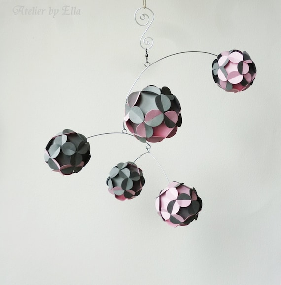 Hanging Mobile , Kinetic , Gray and Baby Pink , Nursery Room Decor , Home Decoration , Mobiles for Girls - AtelierByElla Hanging Mobile , Kinetic , Gray and Baby Pink , Nursery Room Decor , Home Decoration , Mobiles for Girls - AtelierByElla