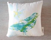 Emerald Green Bird & Floral Watercolor Botanical Pillow