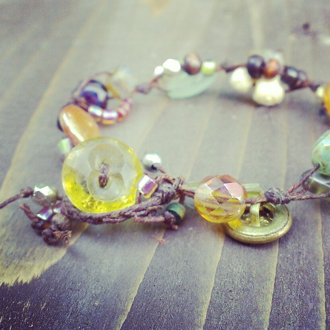 bohemian linen collage bracelet vintage buttons and beads No.9