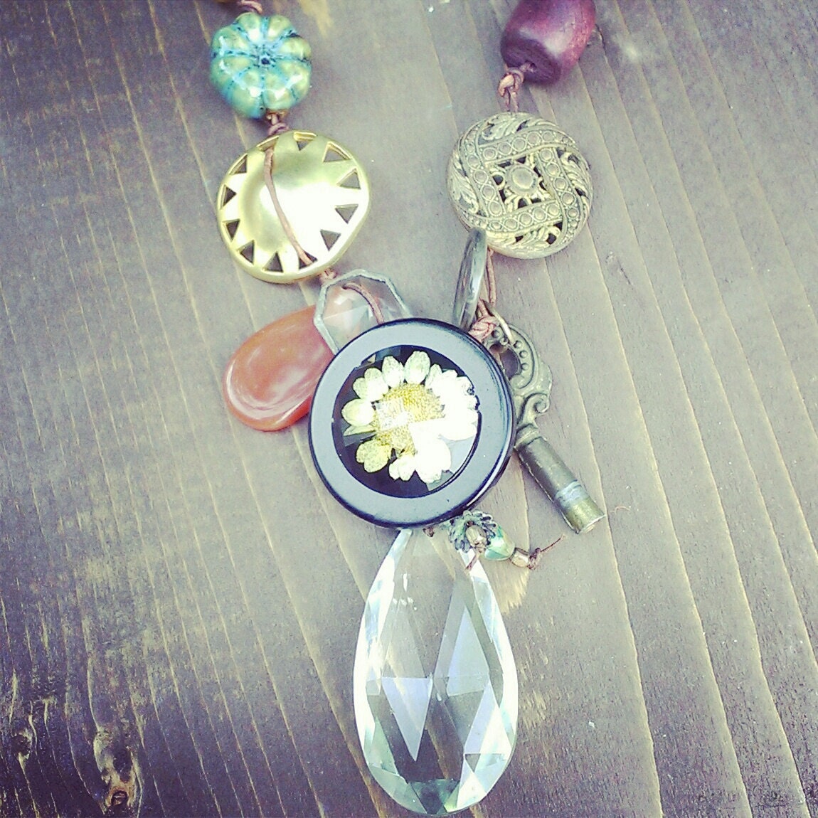 Jolene - bohemian chic gypsy necklace vintage buttons mixed media