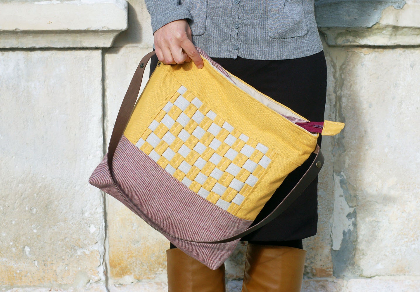 Yellow /red mosaic - interlaced shoulder/messenger bag with leather strap - Mosaic Collection
