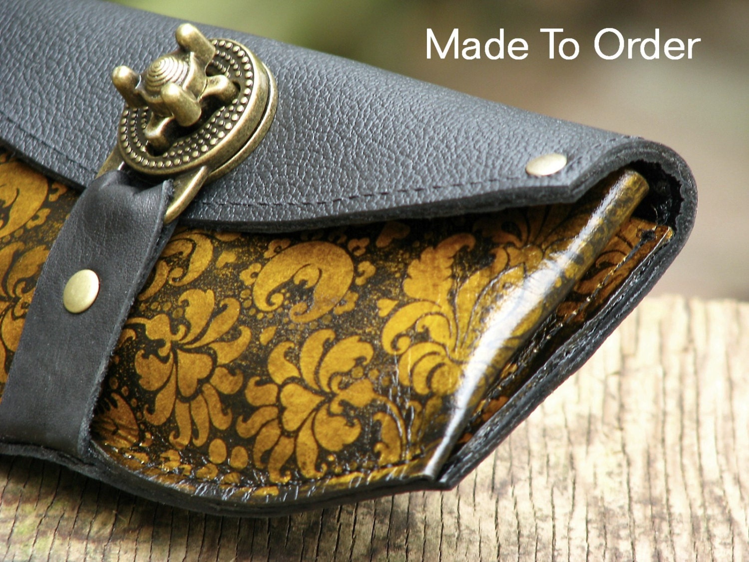 Women's Leather Wallet - Baroque Steampunk on Yellow with Antique Brass Hardware - Made To Order