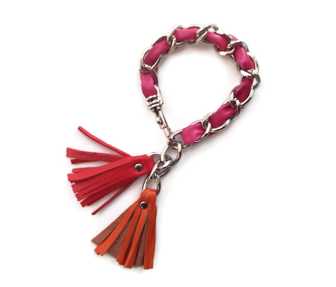 Tassel bracelet in pink, red and orange leather
