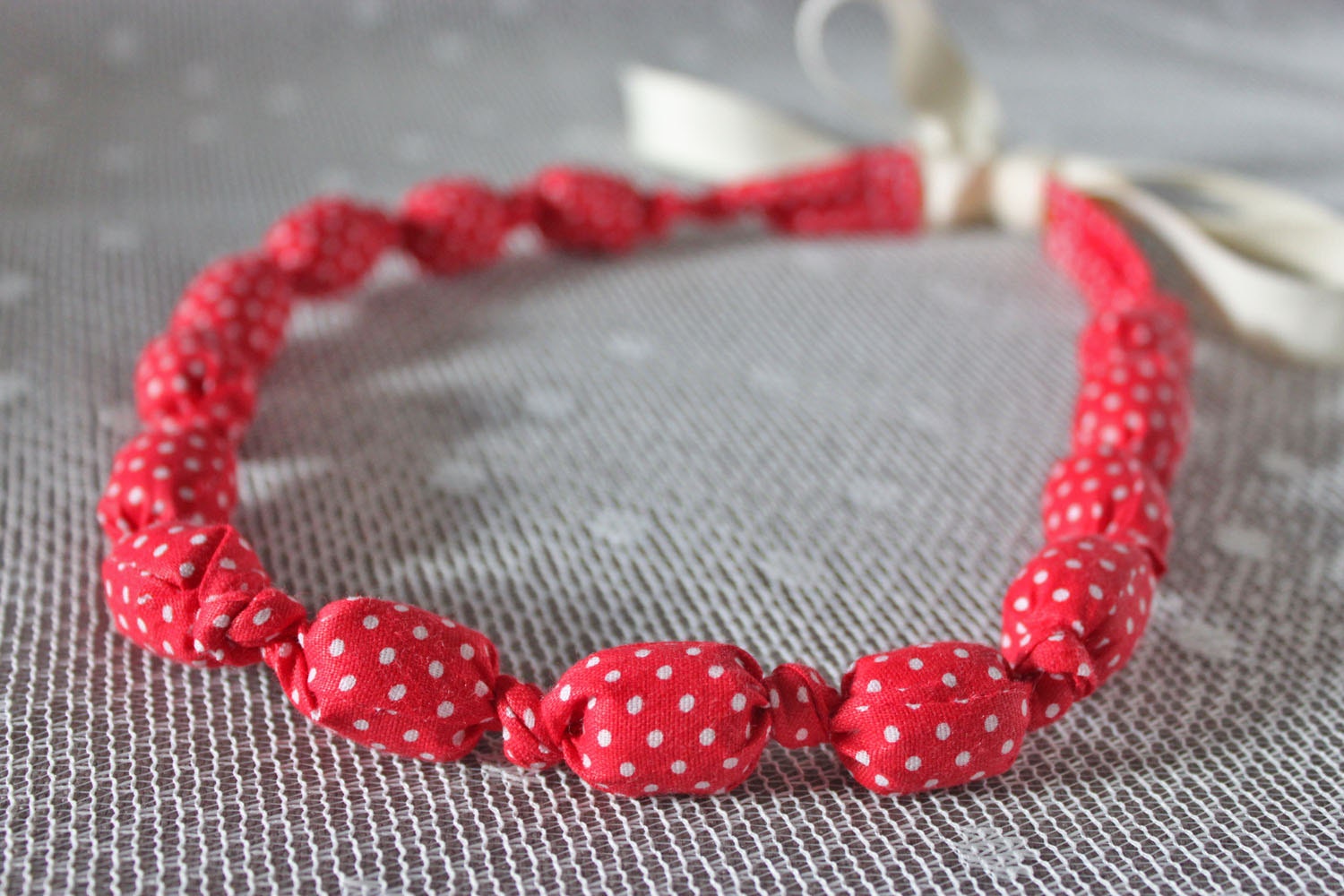 Modern Knotted Fabric Necklace - Red and White Polka Dot - Cream Grosgrain Ribbon