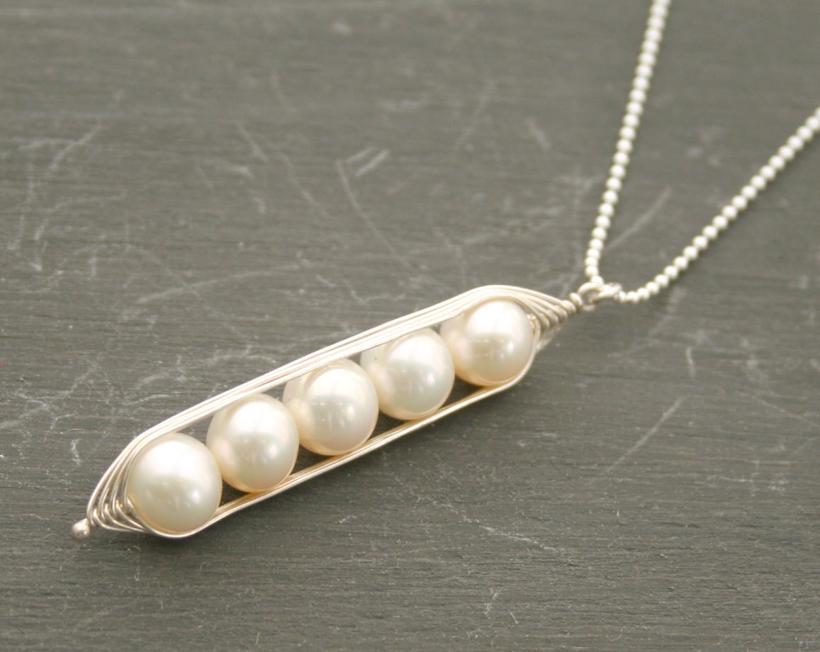 Peapod necklace. Five snow peas in a pod, white pearl pendant on sterling silver chain.