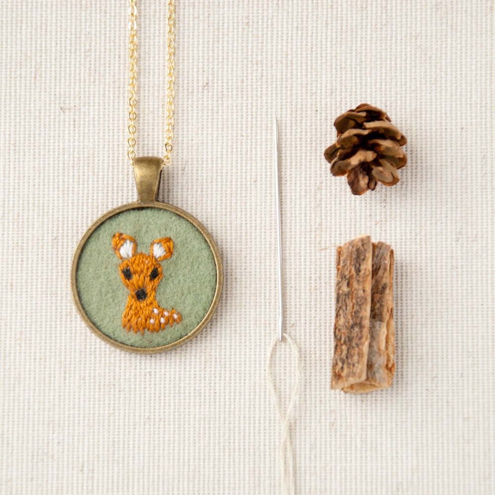 Embroidered Deer Necklace - Woodland  - Forest Animal - Doe Portrait - Stitched Wool