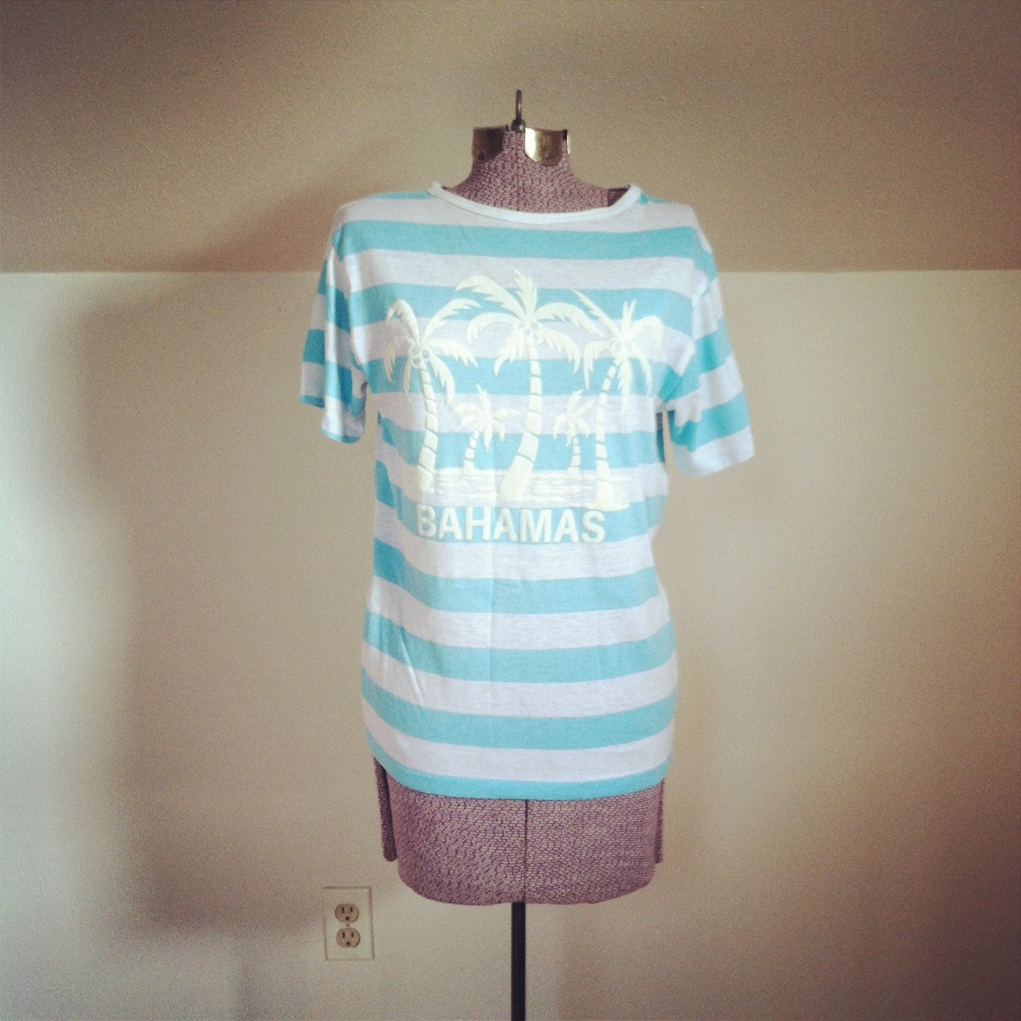 BODACIOUS BAHAMAS SOUVENIR Tshirt / Puffy Palm Trees and Turquoise Striped Shirt