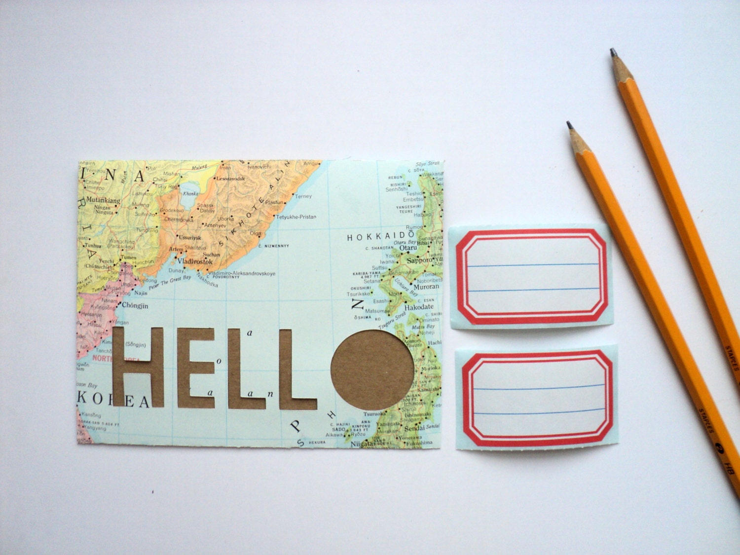 Hello Envelope and Card Set -- Upcycled Vintage Map, Papercut, Blank Greeting Card, Kraft Paper