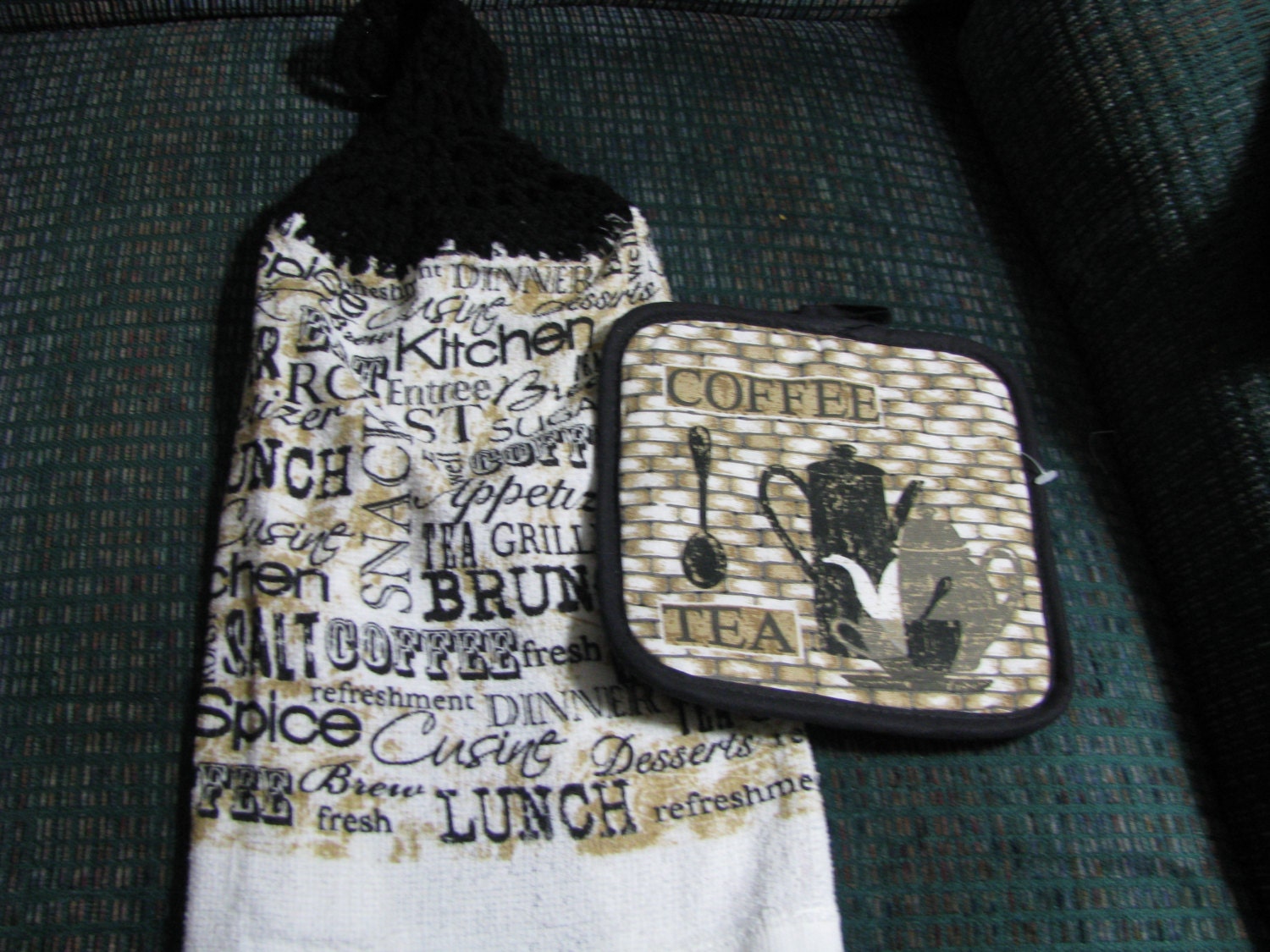 Tea or Coffee, Brunch or Lunch-    Set of two Crochet Top Kitchen Towels and Potholder