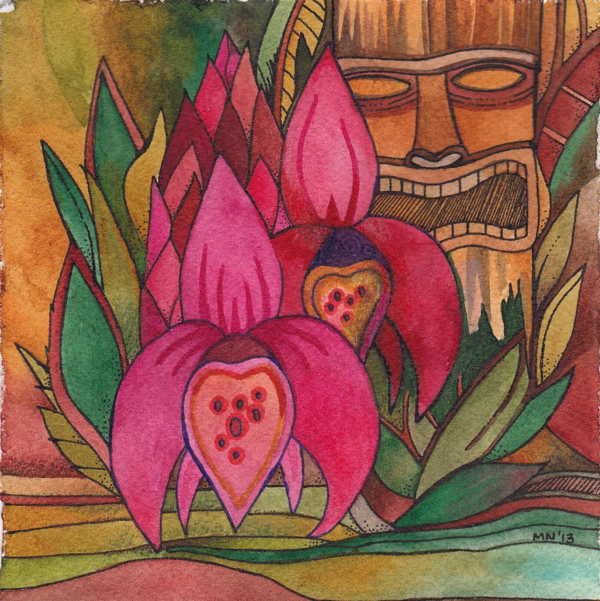 Tiki with Floating Orchids  Watercolor by Megan Noel