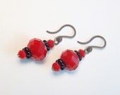 Red & Black Earrings on Plastic Ear Hooks, elegant dangle earrings, Nylon French Hook Ear Wires, metal allergies, crystal and glass beads