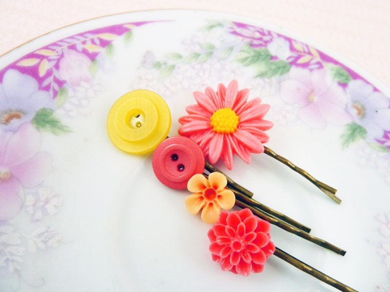 Floral Hair Accessories, Women Flower Bobby Pin Set, Button Bobby Pins, Pink Yellow Sunflower