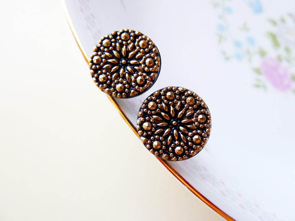 Glass Post Earrings, Golden Night Flower Earrings Made With Vintage Czech Glass Buttons in Black Gold