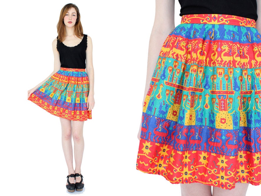 vintage 80s colorful dragon print skirt / high waist novelty print cotton skirt