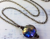 Blue Jewel Necklace. Antique Brass. Glass
